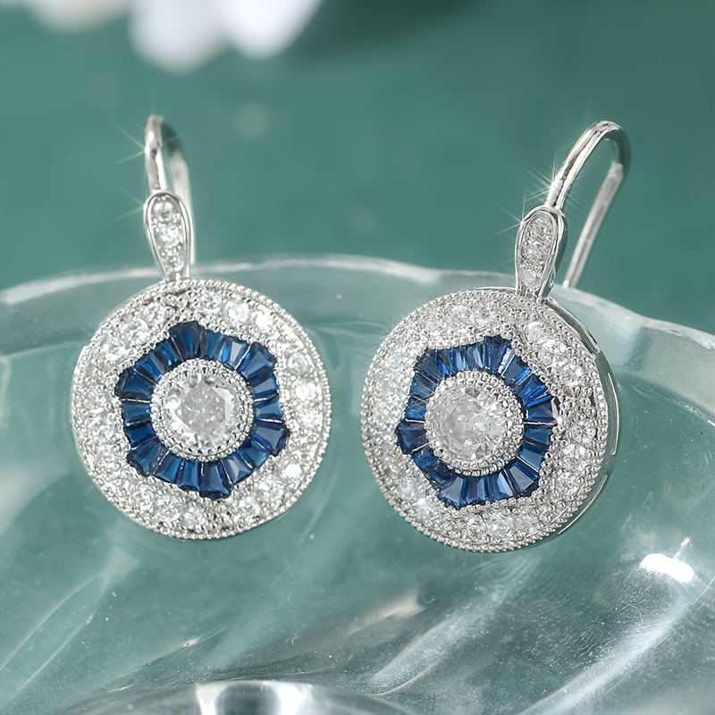 Women's Synthetic White Blue Cubic Zirconia Round Pendant Hook Earrings